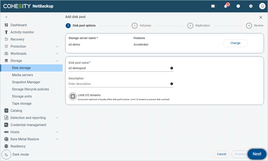 Enter Disk pool name and Description, then click Next