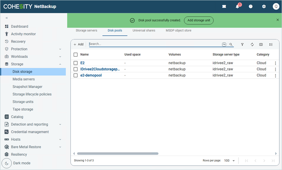 Disk pool successfully created and listed