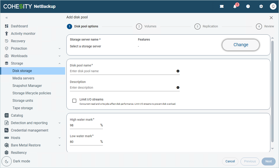 Under Add Disk pool, click Change to select the storage server