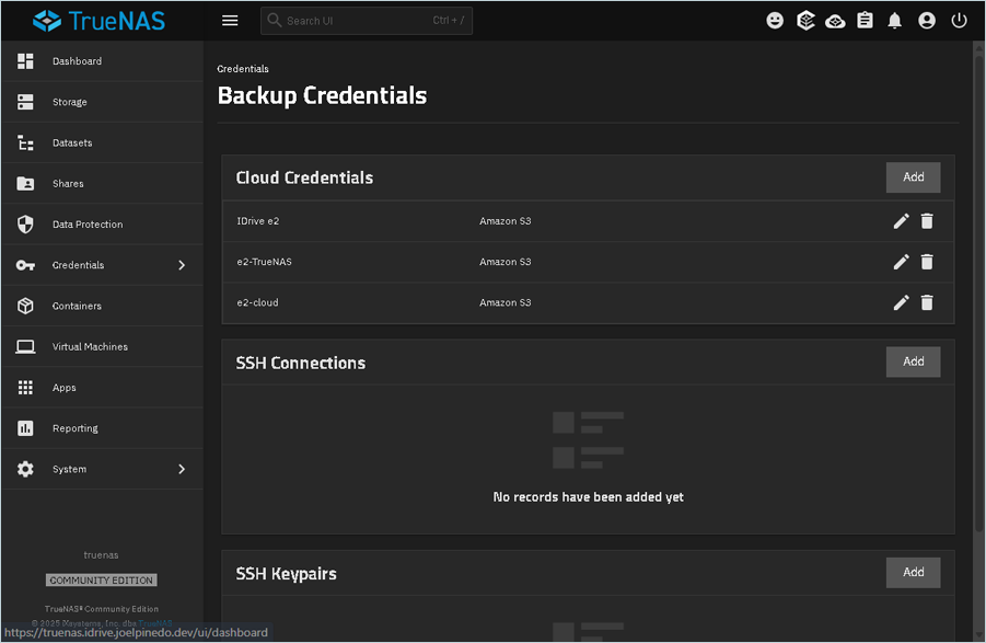 TrueNAS screen confirming the new cloud credential has been saved successfully