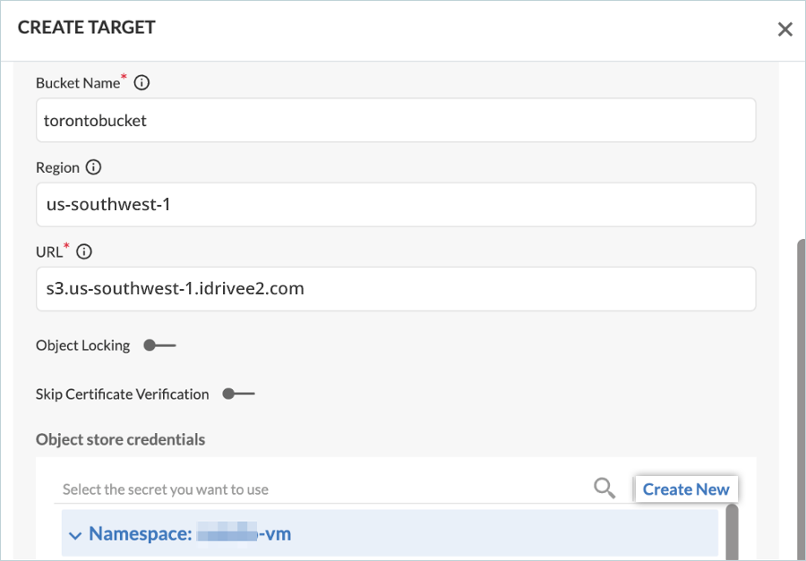 Create credentials screen for Trilio target setup