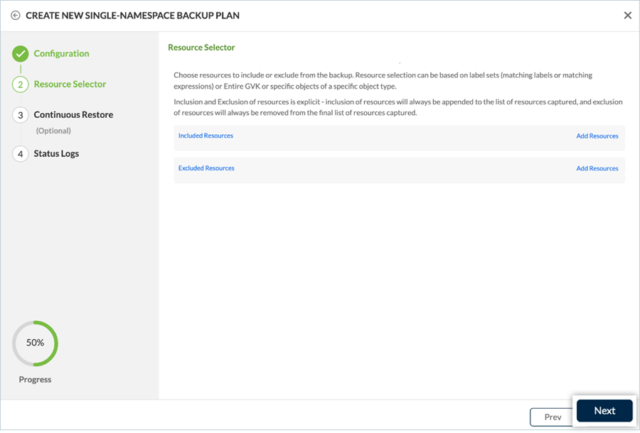 Resource selector screen in Trilio backup setup