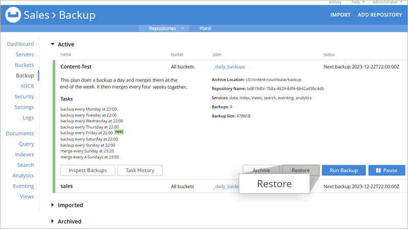 Couchbase guide - Open Restore Backups for the selected job