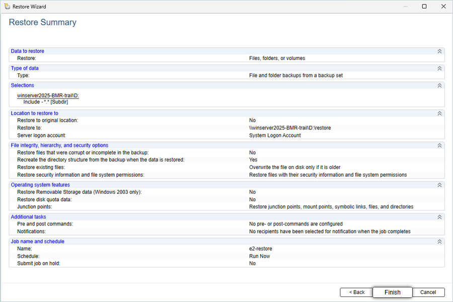 Review Restore Summary and Click Finish