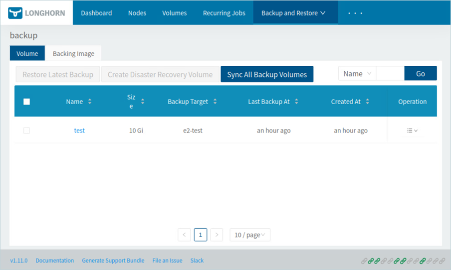 Longhorn backup and restore view showing the running backup jobs being reviewed