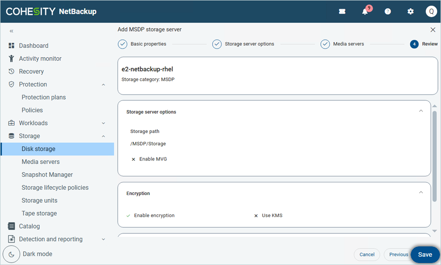 Review summary and click Save for MSDP storage