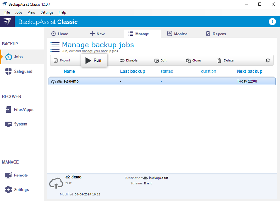Select backup job and click Run
