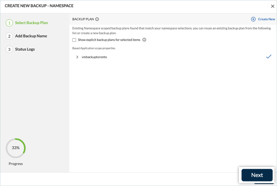 Select backup plan screen in Trilio backup setup
