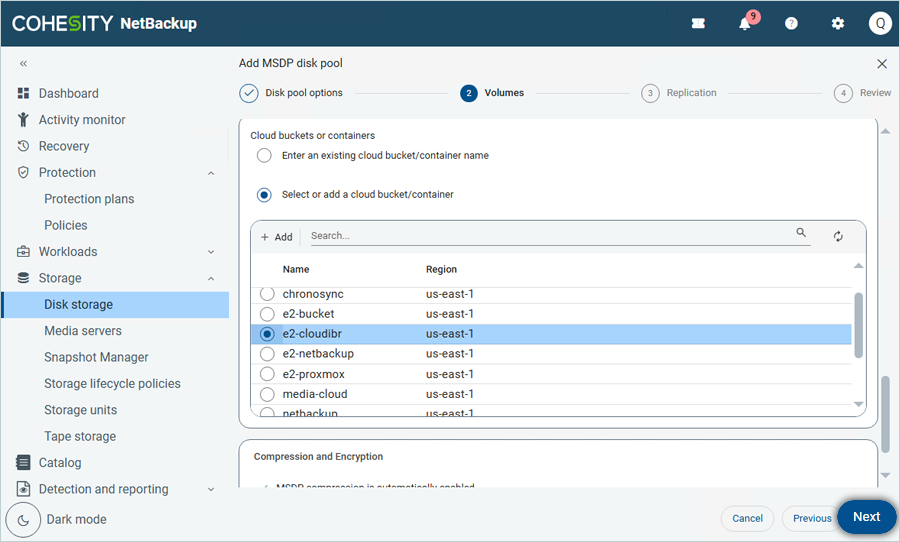 Retrieve list, select bucket from the list, and click Next