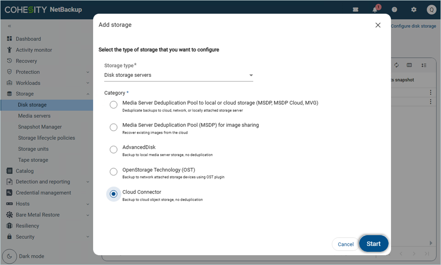 Select Cloud Connector as storage category and click Start