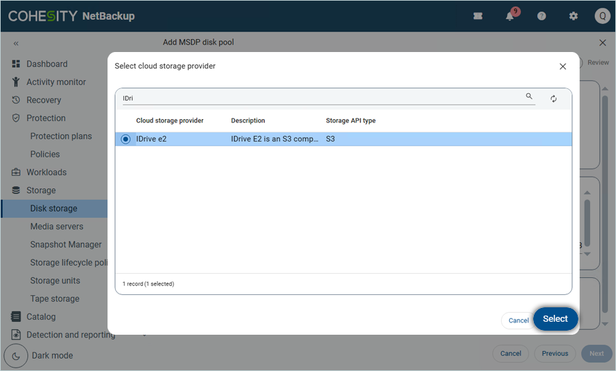 Select IDrive e2 as the provider and click Select