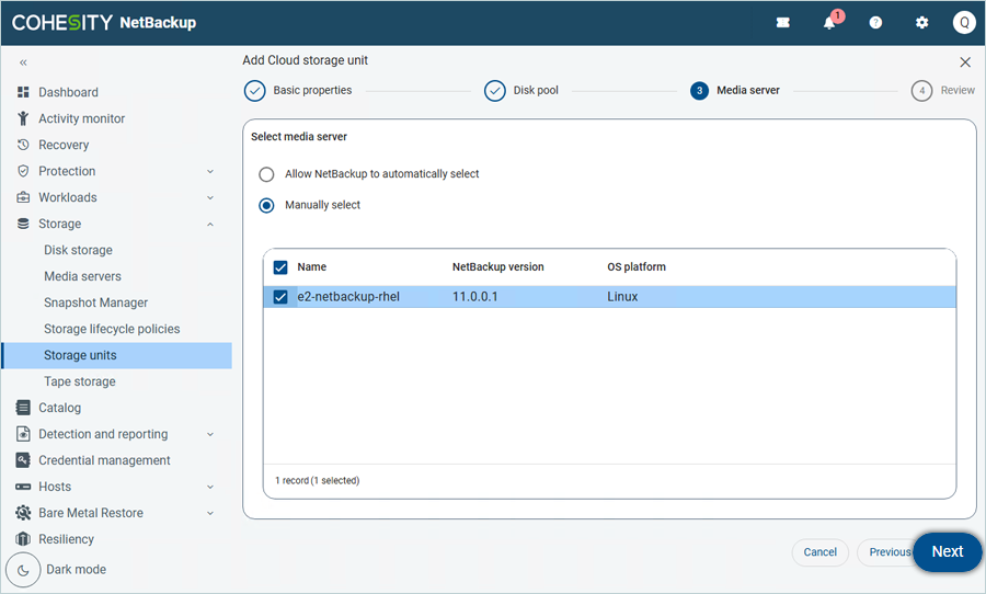 Select the Media server from the list and click Next