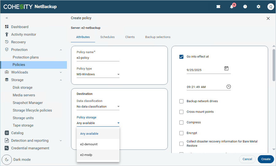 Select the MSDP Storage server in the policy configuration