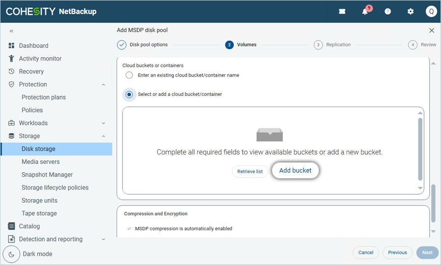 Select or add a cloud bucket/container to add your IDrive e2 bucket