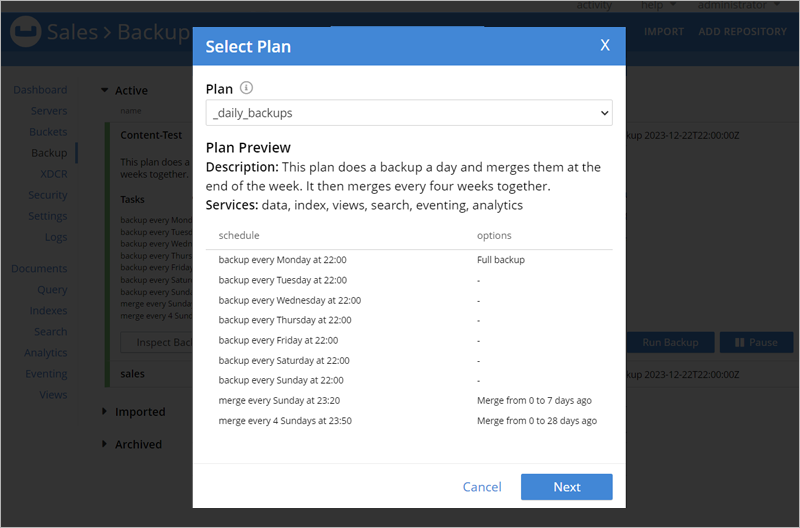Couchbase guide - Select the daily_backups plan in Couchbase