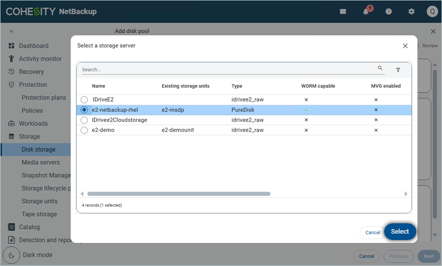 Select the e2 MSDP storage server from the list and click Select