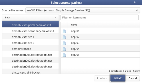 Select source bucket under Source File Server