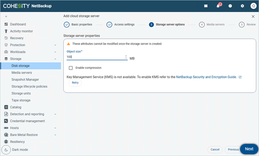 Set the Object size in the Storage server option and click Next
