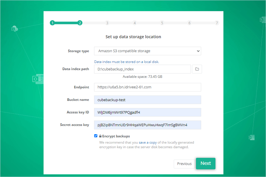 Set up data storage location with IDrive e2 endpoint and credentials, then click Next
