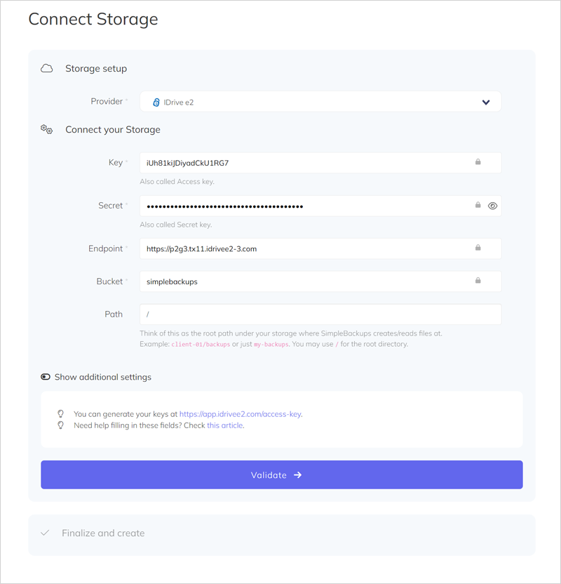 Simple Backups guide - Validate form screen