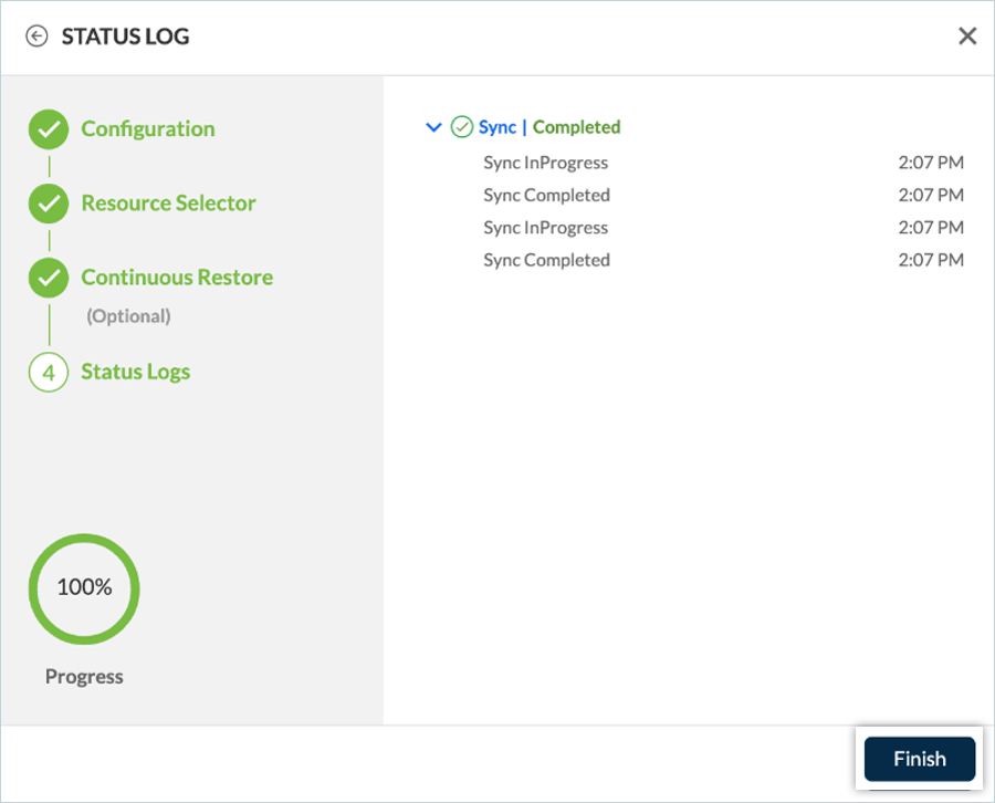 Status log screen after creating the backup plan