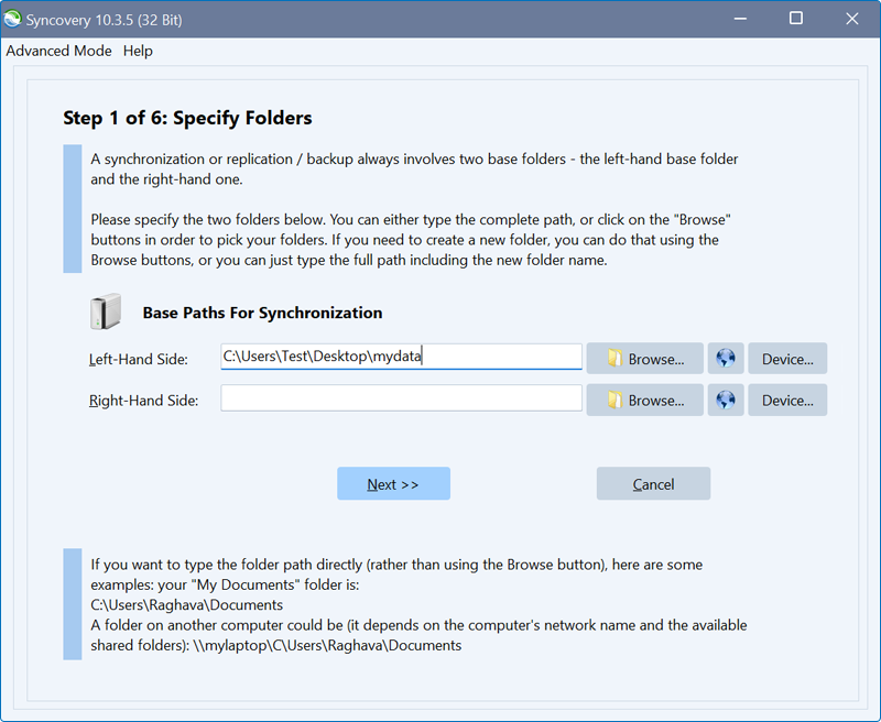 Syncovery guide - Profile name and folder screen