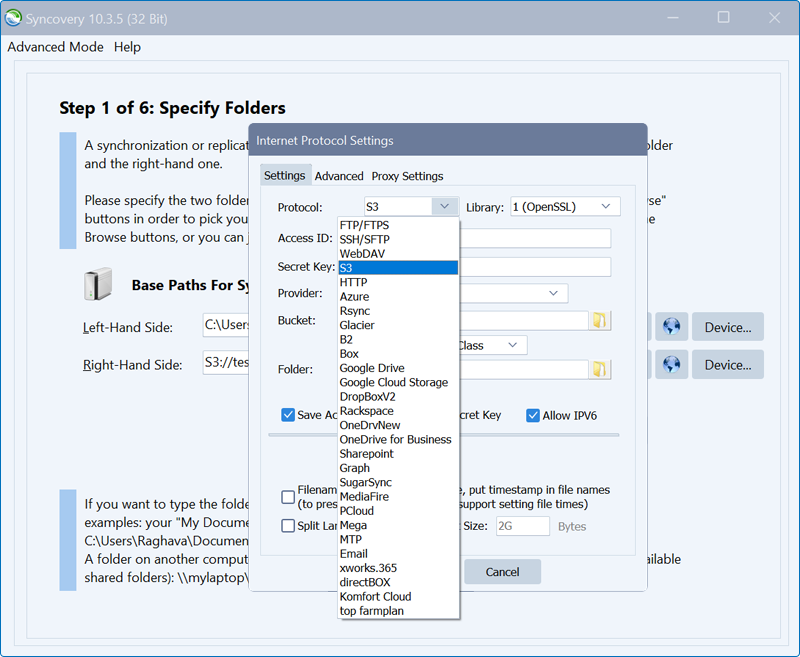 Syncovery guide - S3 connection settings screen