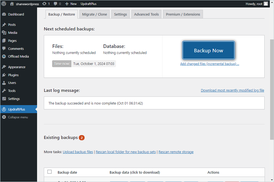 UpdraftPlus backup guide - Click Backup Now button
