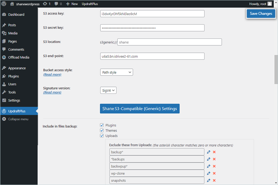 UpdraftPlus backup guide - Enter S3 credentials screen