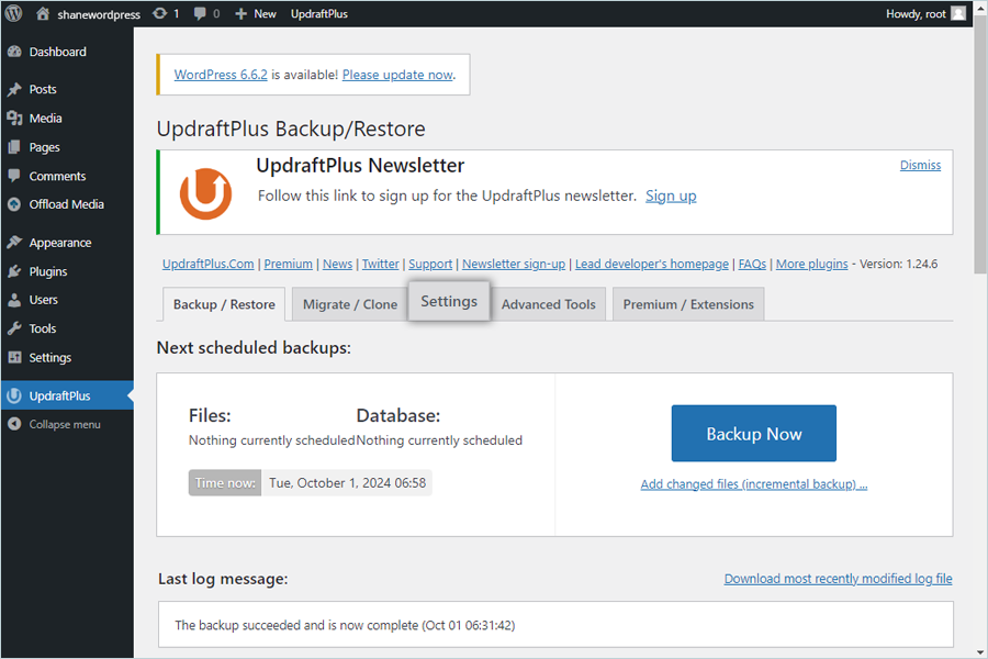 UpdraftPlus backup guide - Settings tab in WordPress