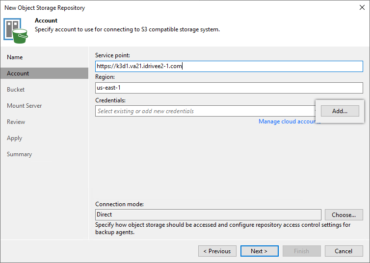 Veeam guide - Enter endpoint URL, region, and add storage