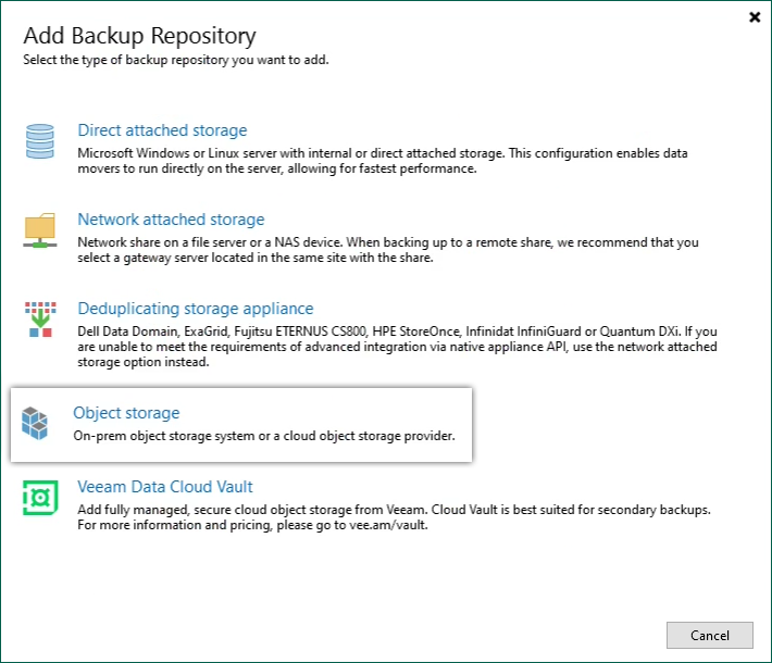 Veeam guide - Select object storage repository type