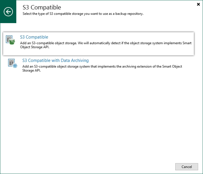 Veeam guide - Select S3 compatible as the repository type