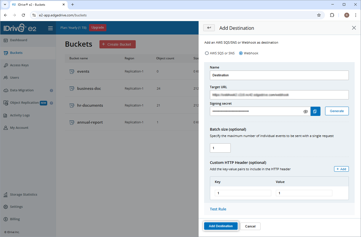Add a webhook as the destination