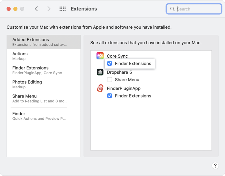 Finder Extensions checkbox in System Preferences on Mac screenshot
