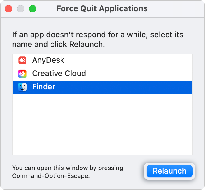 Force Quit Applications dialog with Finder selected on Mac screenshot