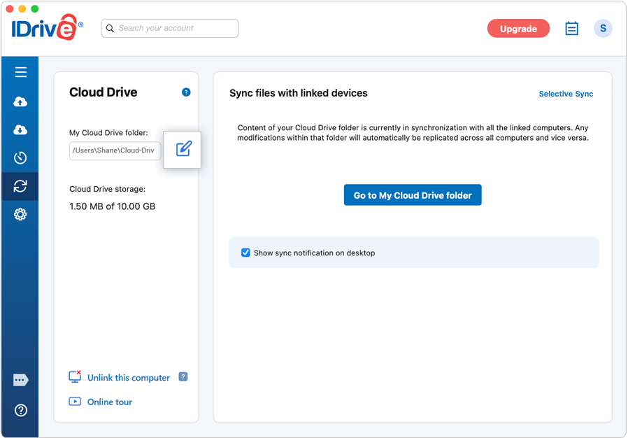 Cloud Drive folder location with Change option on Mac IDrive application screenshot