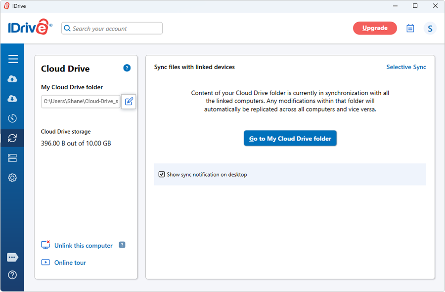 Cloud Drive folder location with Change option in IDrive application screenshot
